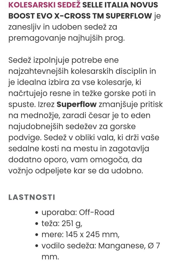 Kolesarski sedež Selle Italia NOVUS Boost EVO X-Cross Superflow L